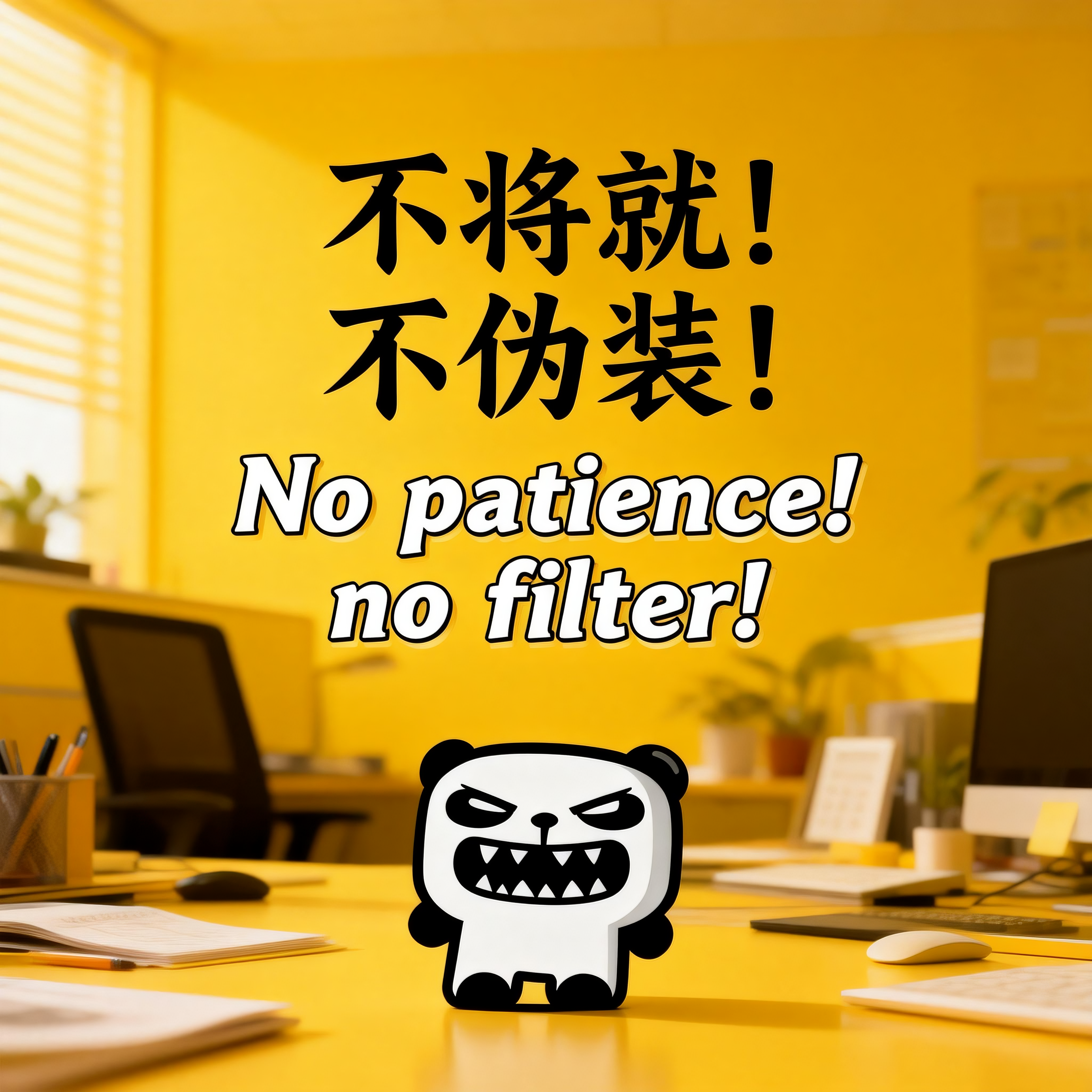 jimeng-2026-02-24-3149-精美壁纸设计，人物小一些放置于画面底部位置，slogan：“不将就！不伪装！”（....png