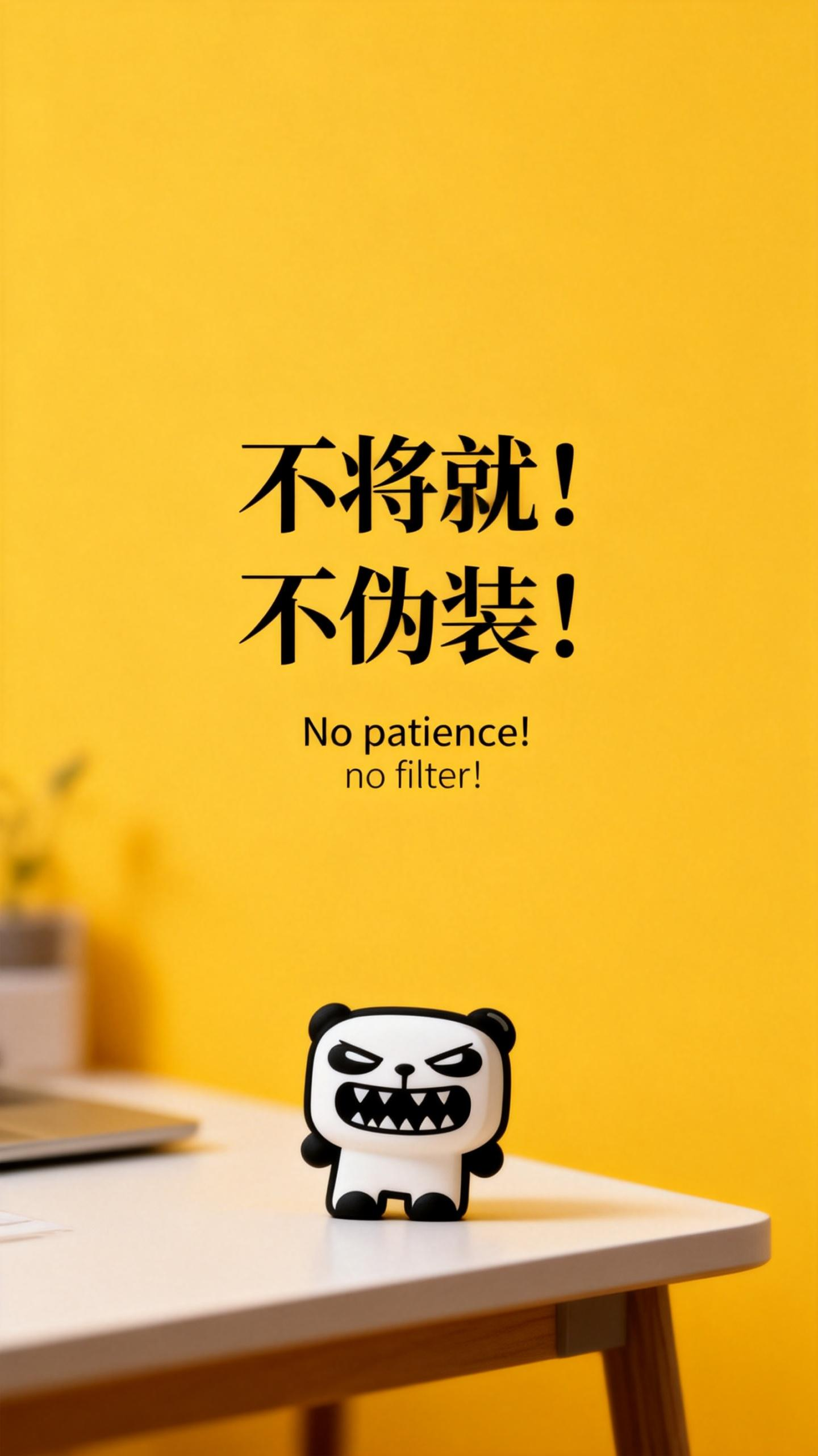 jimeng-2026-02-24-6409-桌面设计，人物小一些放置于画面底部位置，slogan：“不将就！不伪装！”、英文....png