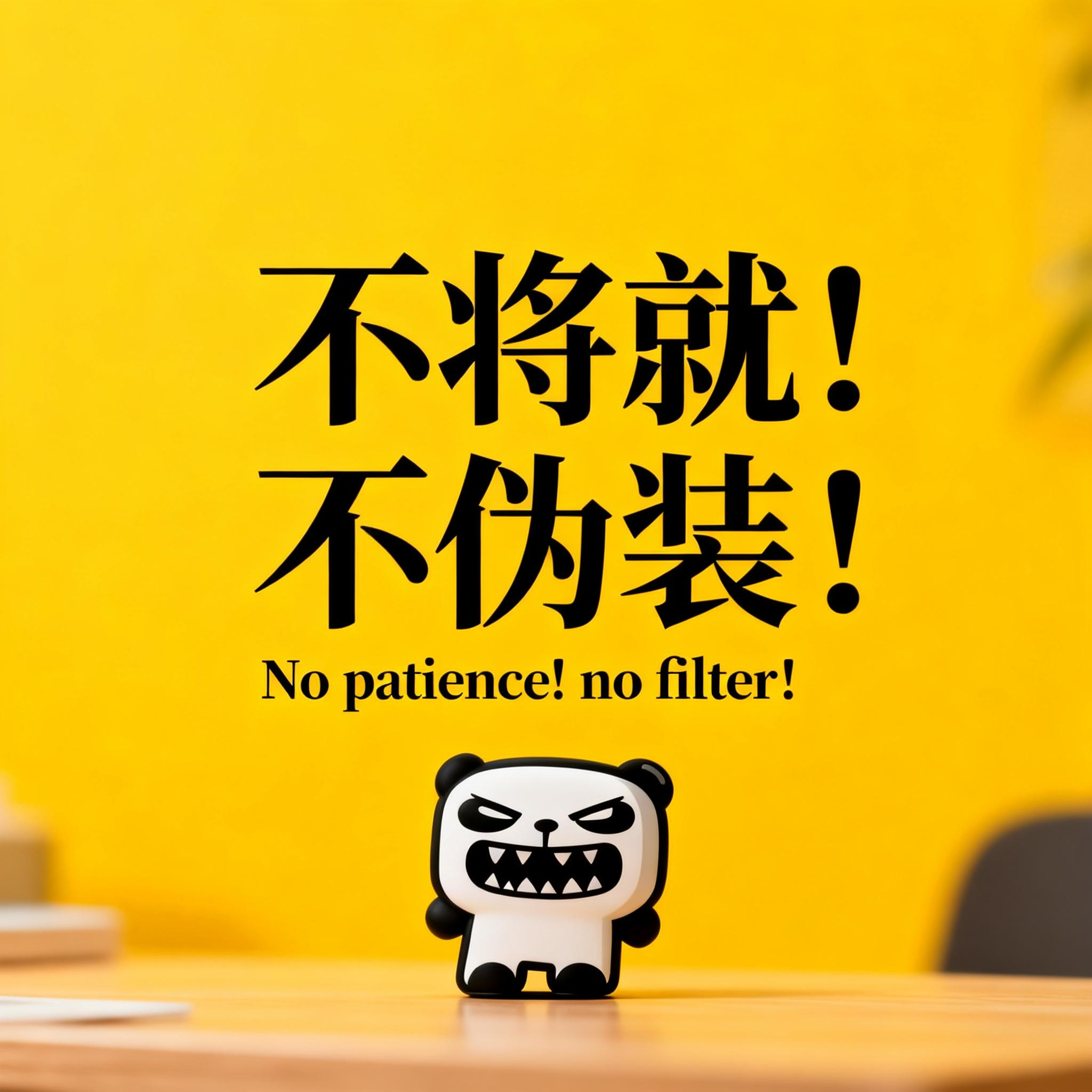 jimeng-2026-02-24-6798-桌面设计，人物小一些放置于画面底部位置，slogan：“不将就！不伪装！”、英文....png