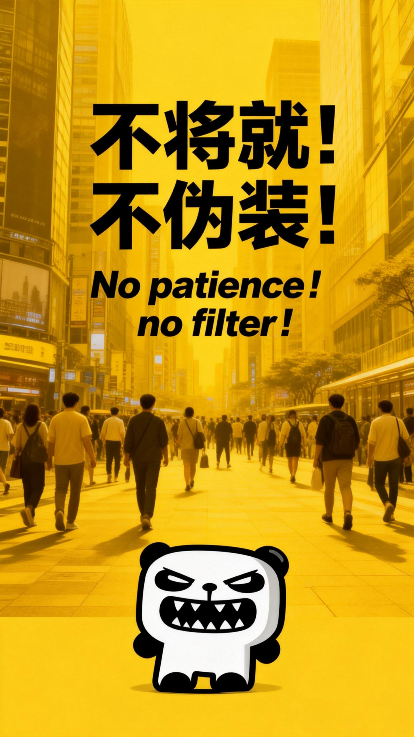 jimeng-2026-02-24-8726-壁纸设计，人物小一些放置于画面底部位置，slogan：“不将就！不伪装！”、英文....png